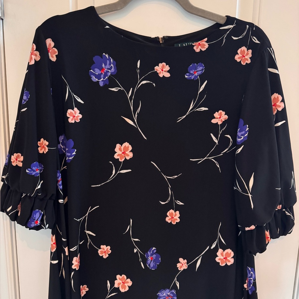 Lauren Ralph Lauren Dark Floral Shift Dress 14P 3/4 Ruffle Sleeve Modest Party - Picture 3 of 12